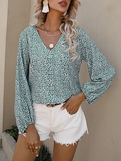 economico Top Grafici da Donna-Per donna Camicia Blusa Floreale Informale Manica lunga A V Top regolari Giornaliero Stampa Blu Verde Autunno Inverno