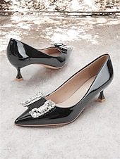 cheap Kitten Heels-Women&#039;s Black Patent Leather Pumps with Crystal Embellished Bow – Elegant Pointed-Toe Kitten Heels for Formal Events and Evening Wear