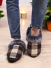 ieftine Flip-Flops de Damă-papuci de damă în carouri căptușiți cu lână - pantofi de casă roșii și negri, în carouri de bivol, cu guler de blană artificială pentru confortul iernii