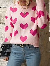 abordables Motifs graphiques et détails-Femme Pull Chandail Pull Décontractées Flexible Cœur A côtes Col Ras du Cou Tricoté manche longue Hauts réguliers Tricoter Extérieur du quotidien Fin de semaine Rose Claire Fuchsia Automne Hiver