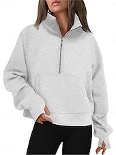 economico Felpe e Sweatshirt Texturizzati-felpa da donna casual semplice strada abbigliamento quotidiano collo alto cerniera manica lunga nero bianco autunno inverno
