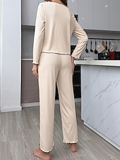 cheap Women&#039;s Sleepwear-Women&#039;s Pajama Set Pure Color Casual Comfort Home Daily Comfort Warm V Neck Long Sleeve T shirt Pant Button Up Elastic Waist Fall Winter Home Outfits