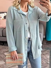 cheap Shirt Jackets-Women&#039;s Casual Jacket Outdoor Street Daily Wear Fall Regular Coat Regular Fit Thermal Warm Breathable Stylish Casual Jacket Long Sleeve Stripes and Plaid with Pockets Print Black Blue Khaki