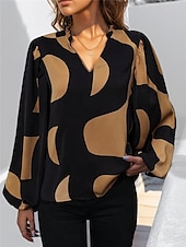 voordelige Vrouwen Werk Tops-Dames Overhemd Blouse Geometrisch Casual Lange mouw Gekerfde nek Normale tops Dagelijks Afdrukken Zwart Wijn Herfst Winter