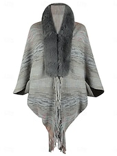 cheap Shrugs &amp; Capes-Women&#039;s Shrug Casual Soft Rainbow Ribbed Open Front Tassel Knitted Faux Fur Trim Long Sleeve Regular Tops Knit Outdoor Daily Weekend Pink Apricot Fall Winter