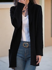 cheap Cardigans &amp; Outerwears-Women&#039;s Sweater Cardigan Sweater Jacket Shirt Collar Knit Pocket Knitted Spring Fall Home Daily Weekend Daily Casual Soft Long Sleeve Pure Color Black Camel