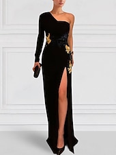 preiswerte SCHWARZ-schwarzes A-Linien-Abendkleid, besticktes elegantes Kleid, formelles, bodenlanges, langärmliges One-Shoulder-Stretch-Crêpe mit Schlitzapplikationen 2025