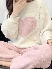 billiga Loungewear till damer-dam pyjamas loungewear 2 delar hjärtvärme komfort hem daglig fleece varm andas rund hals långärmad pullover byxa höst vinter hem outfits