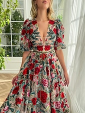 billiga Balklänningar-Blommig Ros Broderad A-linjeformad Bal Klänningar Elegant Klänning Formell Golvlängd Kort Ärm V-Hals Bälte  Band Tyll med Blommig Tryck
