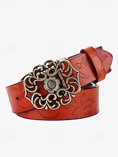 levne Dámský pásek-dámský červený kožený pásek s vintage květinovou vyřezávanou sponou – doplněk ve westernovém boho stylu