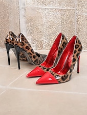 abordables Talons Aiguilles-talons aiguilles imprimé léopard pour femmes – escarpins à bout pointu en cuir verni rouge pour fêtes et événements nocturnes