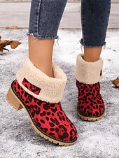 cheap Snow &amp; Winter Boots-Women&#039;s Red Leopard Print Winter Boots with Faux Fur Lining and Chunky Heel – Warm and Stylish Snow Boots