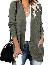 cheap Cardigans &amp; Outerwears-Women&#039;s Sweater Cardigan Casual Soft Pure Color Ribbed V Neck Pocket Knitted Long Sleeve Regular Tops Knit Outdoor Daily Weekend Army Green Gray Fall Winter