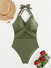 economico Costumi interi-Per donna Costumi da bagno Un pezzo Monokini Costume da bagno Retato Schiena scoperta Fasciante in vita Vita alta Taglia piccola Festività Abbigliamento mare Tinta unica Halter Neck Senza maniche