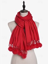 abordables Bufandas de mujer-Bufanda roja de invierno para mujer con borlas de pompones: una bufanda acogedora y elegante para el clima frío y los atuendos festivos