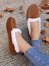 お買い得  レディース・スリッパ＆ビーチサンダル-女性用フェイクスエードモカシンスリッパ - フェイクファーの裏地付き、ステッチのディテールが施された暖かい屋内外用ハウスシューズ