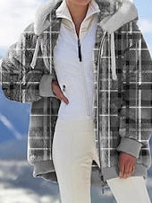 economico Puffers &amp; Parka-Per donna Giacca in pile Cappotto teddy Giacca con cappuccio Tenere al caldo Traspirante Cerniera Tasche Stampa Collo di pelliccia Informale A quadri Da mare Strada Da tutti i giorni Per uscire