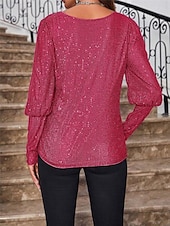 economico Top eleganti-camicetta donna camicetta basic casual paillettes manica lunga regular top girocollo quotidiano rosso fucsia autunno inverno