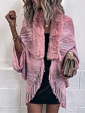 cheap Shrugs &amp; Capes-Women&#039;s Shrug Casual Soft Rainbow Ribbed Open Front Tassel Knitted Faux Fur Trim Long Sleeve Regular Tops Knit Outdoor Daily Weekend Pink Apricot Fall Winter