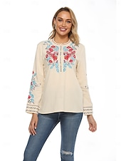 billiga Skjortor-Dam Boho skjorta Linneinspirerade skjortor Blommig Blomma Ledigt Långärmad Biskop Rund hals Hög hals Vanliga toppar Alla hjärtans dag Arbete Dagligen Broderad Beige Vår, Höst, Vinter, Sommar