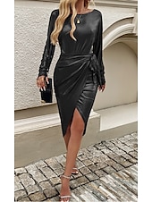preiswerte schwarzes Minikleid-Damen Arbeitskleid schwarzes Kleid elegantes Minikleid geteilt V-Ausschnitt Langarm schlicht lockere Passform schwarz Frühling Herbst S M L XL