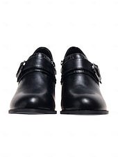 cheap Block Heels-Women&#039;s Faux Leather Buckle Strap Heeled Shoes – Stylish Block Heels for Casual and Office Wear