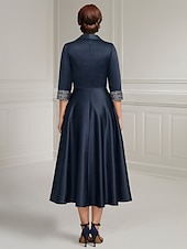 cheap Floor Length-Navy Blue A-Line Dress Mother of the Bride Dress Elegant Satin Simple Shirt Collar Tea Length 3/4 Length Sleeve with Sash / Ribbon Beading Solid Color