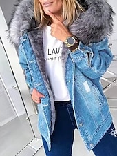 billige Puffer og Parka-Dame Fleece-jakke Teddyfrakk Denimjakker Hold Varm Pustende Knapper Pelskrage Fritid عادي Feriereise Gate Dagligdagstøy Ut på byen Enkeltkneppet Normal Hettegenser Normal Langermet Yttertøy Lysebl