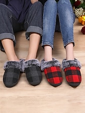 ieftine Flip-Flops de Damă-papuci de damă în carouri căptușiți cu lână - pantofi de casă roșii și negri, în carouri de bivol, cu guler de blană artificială pentru confortul iernii