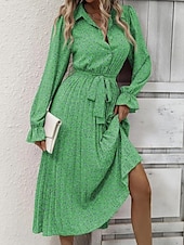 abordables Robes fleuries décontractées-robe midi à fleurs à col en V et manches longues pour femme printemps automne