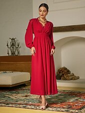 economico Abiti per le feste-abito lungo da festa in chiffon rosso e pizzo con scollo a V