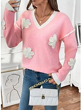 cheap Graphic shop Sweatshirts &amp; Hoodies-Women&#039;s Sweater Crew Neck Knit Embroidery Spring Fall Elegant 3/4 Length Sleeve Solid Color Pink