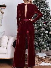 cheap Jumpsuits-Women&#039;s Normal Jumpsuit Stylish Solid Color Long Sleeve Deep V Belted Vacation Party Regular Fit Black Red Blue Spring