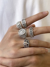 preiswerte Herrenschmuck-Herrenringset aus Silberlegierung im Vintage-Stil mit geometrischen und eingravierten Mustern – Retro-Modeaccessoires für den Alltag