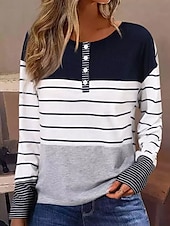 billige Stripe og geometrisk t-skjorte-Dame T skjorte Stripet Mote Moderne Fritid Langermet Crew-hals Vanlige topper Daglig Helg Knapper Trykt mønster Hvit Høst Vinter