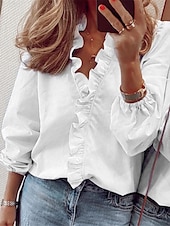 economico Top eleganti-Per donna Camicia Blusa Tinta unica Essenziale Informale Manica lunga A V Top regolari Giornaliero Con balze Bianco Blu Autunno Inverno