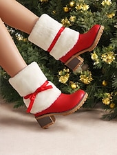 voordelige Vrouwen Kerst Schoenen-dames kerstlaarzen met imitatiebont en rode strik – feestelijke vakantieschoenen voor winterfeesten