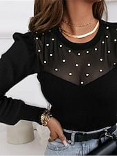 preiswerte Elegante Oberteile-Damen Hemd Bluse Feste Farbe Basic Brautkleider schlicht Langarm Rundhalsausschnitt Normale Oberteile Täglich Gitter Patchwork Perlenbesetzt Schwarz Herbst Winter