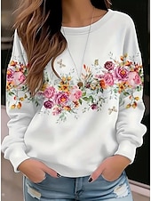 preiswerte Grafikladen Sweatshirts &amp; Hoodies-Damenpullover mit Blumendruck, modisch, lässig, lockere Passform, Rundhalsausschnitt, lange Ärmel, unelastisch, Frühling/Herbst, bequem, atmungsaktiv, weicher Stoff