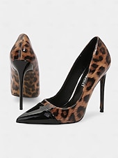 abordables Talons Aiguilles-talons aiguilles imprimé léopard pour femmes – escarpins à bout pointu en cuir verni rouge pour fêtes et événements nocturnes