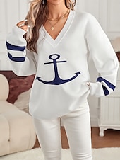 preiswerte Grafische Muster und Details-Damen Pullover Elegant Modisch Strassenmode Graphic V Ausschnitt Strick Langarm Lange Oberteile Stricken Täglich Wochenende Weiß Herbst Winter