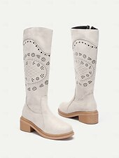 cheap Cowboy &amp; Western Boots-Women&#039;s Grey Embroidered Western Cowboy Boots with Laser Cut Detailing – Vintage Style Mid-Calf Riding Boots for Casual and Outdoor Wear