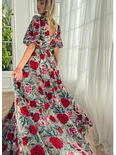 billiga Balklänningar-Blommig Ros Broderad A-linjeformad Bal Klänningar Elegant Klänning Formell Golvlängd Kort Ärm V-Hals Bälte  Band Tyll med Blommig Tryck