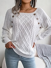 billiga Solida färger-Dam Tröja Pullover tröja Ledigt Mjukt Ren färg Ribbad Fyrkantig hals Knappar Stickat Långärmad Vanliga toppar Sticka Utomhus Dagligen Helgen Vit Kaki Höst Vinter