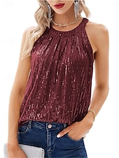 cheap Tank Tops &amp; Camis-Women&#039;s Camisole Tank Top Camis Solid Color Sexy Casual Sleeveless Halter Neck Regular Tops Party Sequins Wine Fuchsia Gold Summer