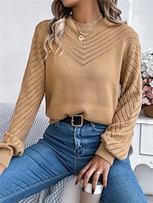 economico Colori solidi-Per donna Felpa Pullover Maglione Informale Morbido Colore puro A coste Girocollo Traforato Lavorato a maglia Manica lunga Top regolari Maglia Esterno Giornaliero Fine settimana Bianco Arancione