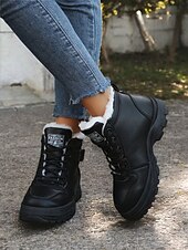 abordables Botines-Botines de mujer beige con cordones y forro de felpa cálido: calzado de invierno para exteriores con suela resistente y detalle de hebilla