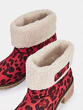 cheap Snow &amp; Winter Boots-Women&#039;s Red Leopard Print Winter Boots with Faux Fur Lining and Chunky Heel – Warm and Stylish Snow Boots