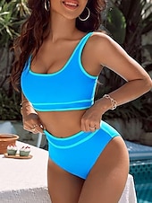 billiga Bikiniset-Dam Badkläder Bikini 2 st Kalsonger Baddräkt Öppen rygg Smal Semester Standkläder Ensfärgat U-hals Ärmlös Baddräkter
