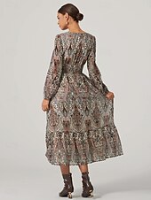billiga Blommiga klänningar-Dam Midiklänning Vintage klänning Boho Chic klänningar Elegant bohemliv Vintage Biskop Dagligen Normal Grafisk Färgblock Långärmad V-hals Colourful Höst Vinter